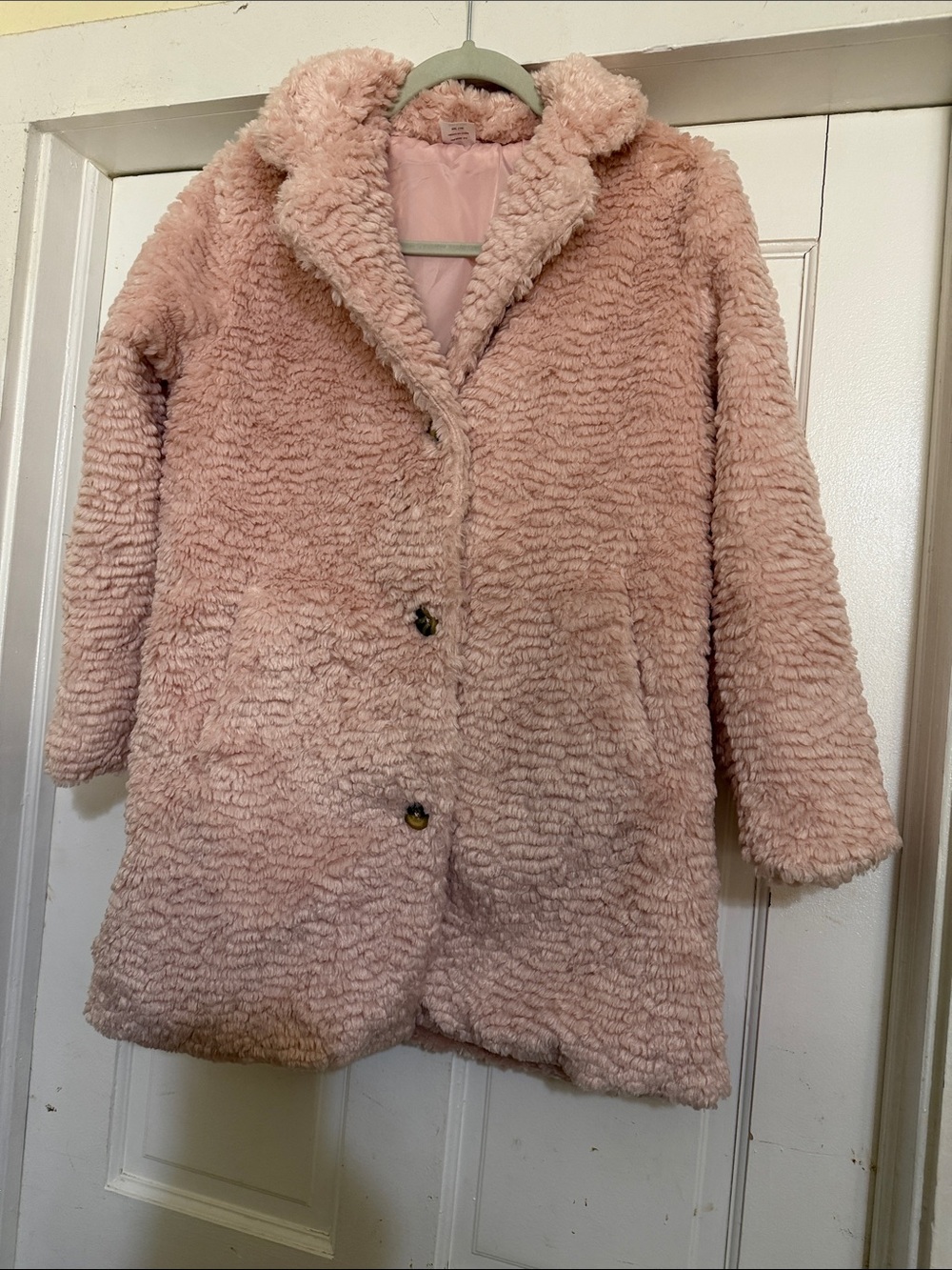 Wonder Nation Girls' Plush Faux Fur Teddy Pea Coat in a soft pastel pink.